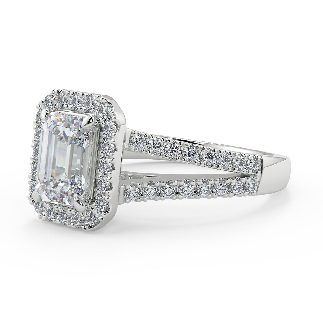 Emerald-Cut Diamond Halo Ring with Split Shank | 18K Gold